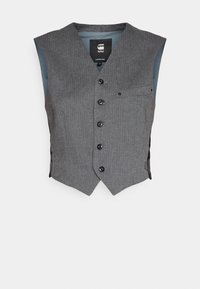 Szary kamizelka w jodełkę z dekoltem w kształcie litery V, sześcioma czarnymi guzikami i małą kieszonką na piersi. Bez rękawów, gładkie wnętrze podszewka.
