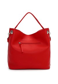 Czerwona skórzana torebka o fakturowanej powierzchni, zaokrąglonym kształcie i pojedynczym pasku na ramię. Posiada przednią kieszeń na zamek oraz metaliczne elementy ozdobne.