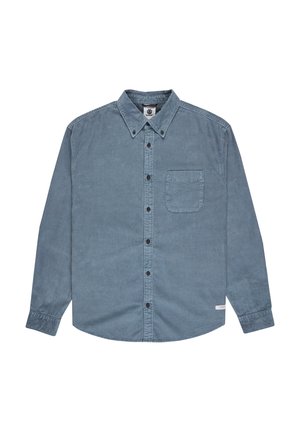 Chemise bleu à boutons, en tissu texturé, avec un col pointu, une poche poitrine et des boutons foncés le long de la patte de boutonnage.