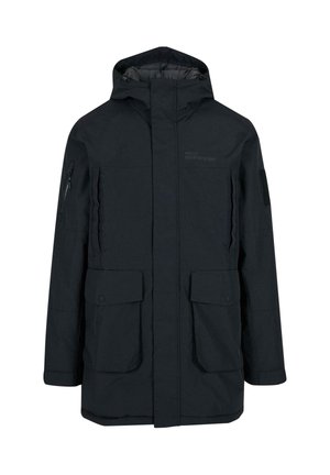 Musta vedenpitävä takki hupulla, jossa on kaksi etutaskua, vetoketjullinen käsitasku ja tekstuurinen kangaspinta.