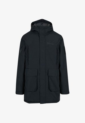 Čierna nepremokavá bunda s kapucňou, vybavená dvoma prednými vreckami, zipsovým vreckom na rukáve a textúrovaným povrchom látky.