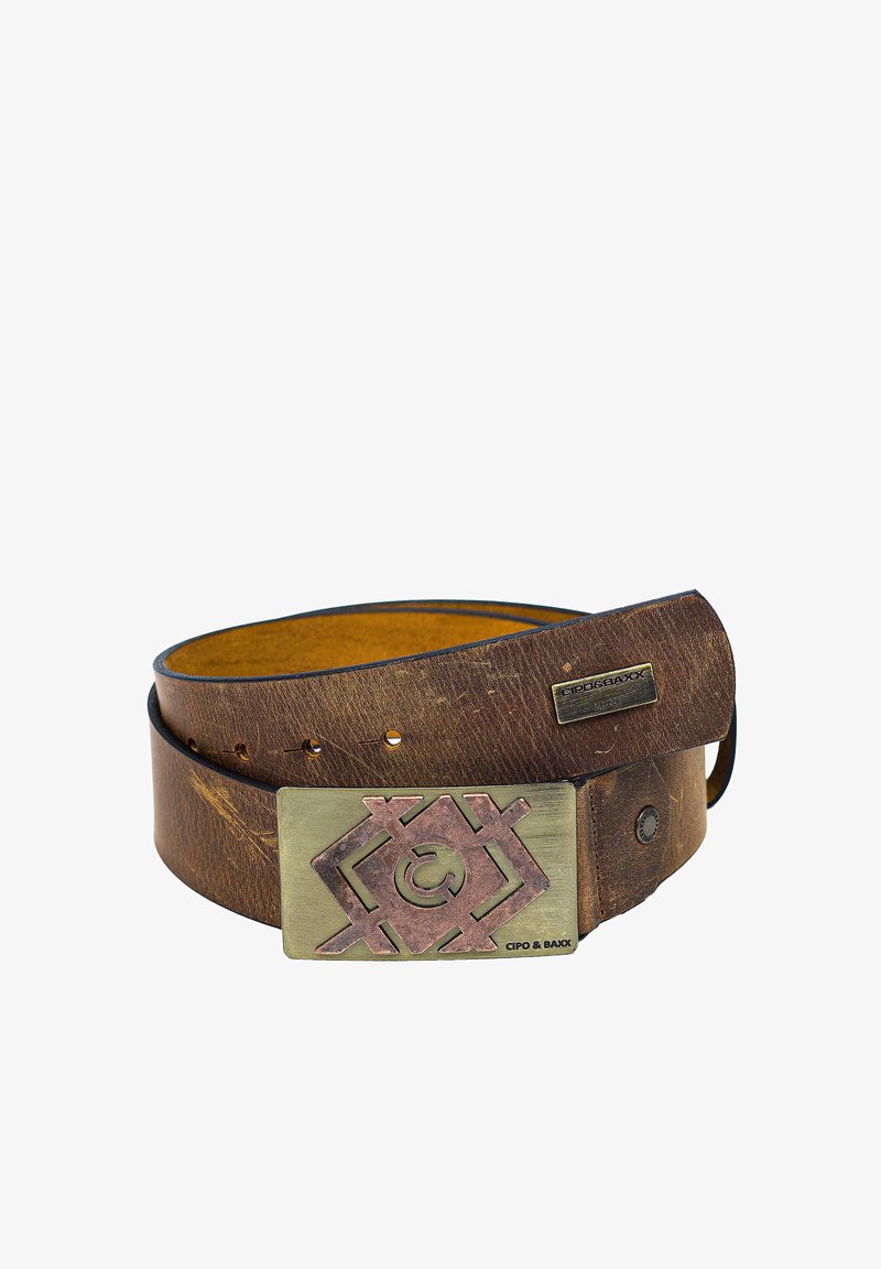 Brown leather belt with a textured finish, featuring a large bronze buckle with geometric design. Includes brand insignia on the strap.