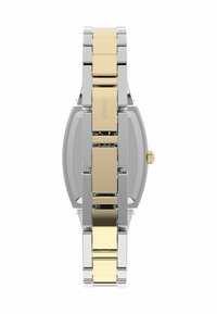 Montre-bracelet en métal avec un bracelet à maillons en acier inoxydable et en doré. Boîtier rond au design épuré avec une couronne dorée sur le côté.