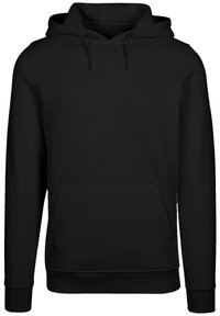 Black hoodie made of cotton blend, featuring a front pocket, drawstrings at the hood, and ribbed cuffs and hem for a snug fit.