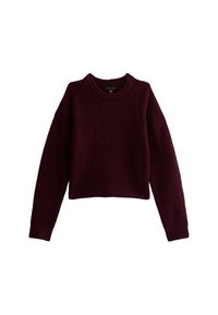 Burgundy kortärmad tröja med rund halsringning, långa ärmar och en mjuk, texturerad yta. Har en avslappnad passform och en minimalistisk design.
