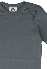 Grey long-sleeve bodysuit made of soft, stretchy fabric. Features a round neckline and snug fit. Tag visible at the collar.