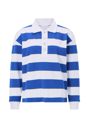 Tricou de rugby cu mâneci lungi, cu dungi orizontale late albastre și albe, guler alb și patru nasturi albi pe fenta cămășii.