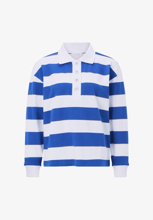 Pika varrukaga ragbimärkidega särk, millel on laiad horisontaalsed sinised ja valged triibud, valge krae ning neli valget nööpi plaketil.