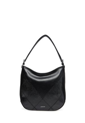 Borsa a spalla in pelle nera con motivo a serpente testurizzato, manico superiore curvo e logo Lasocki al centro in basso.