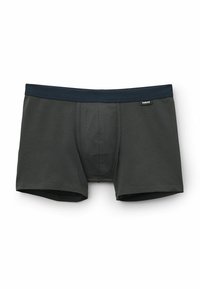 Tmavě šedé boxerky vyrobené z hladkého materiálu s námořnickým páskem v pase a přední kapsou; obsahuje štítek s názvem značky.