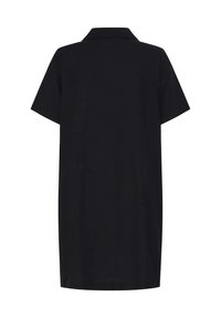 Robe polo noire à manches courtes avec col, coupe droite, vue de dos sur fond blanc.