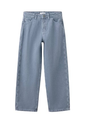 Jean en denim bleu clair avec une coupe droite, poches avant, passants de ceinture et fermeture par bouton à la taille.