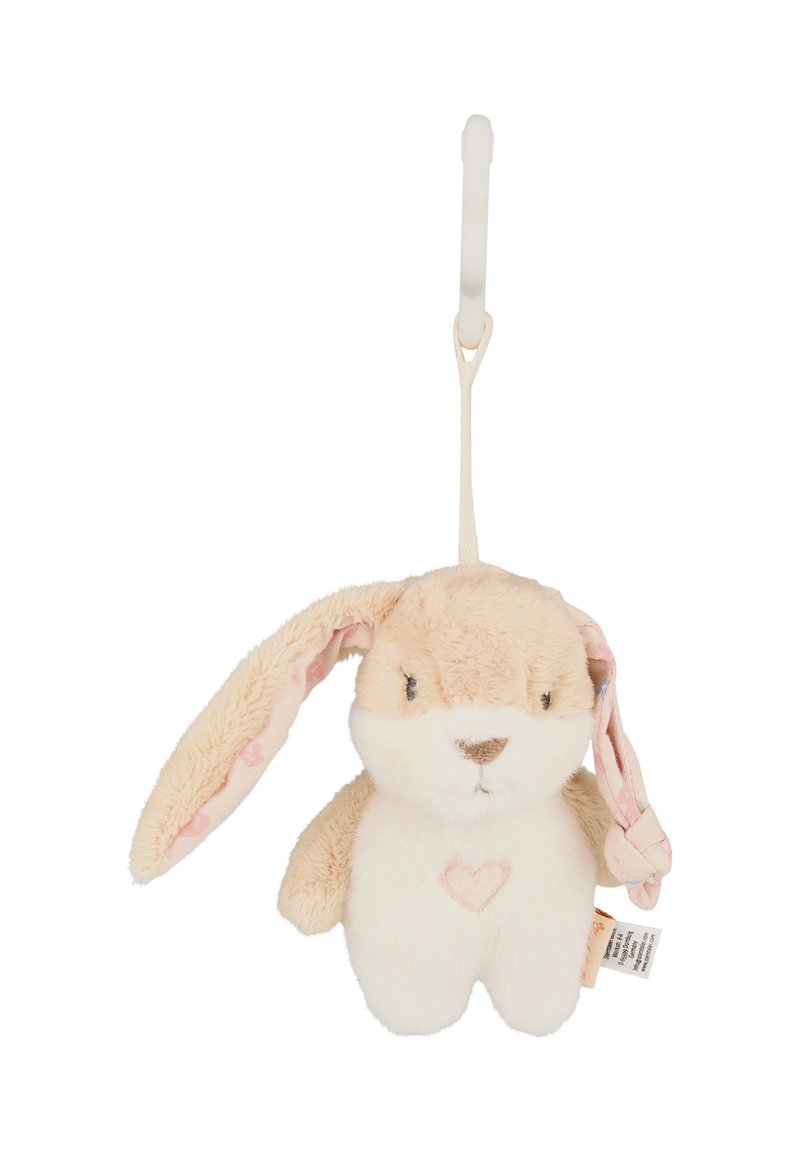 Soft plush bunny toy with beige fur, patterned pink inner ears, and a stitched heart on the chest. Includes a white hanging attachment.