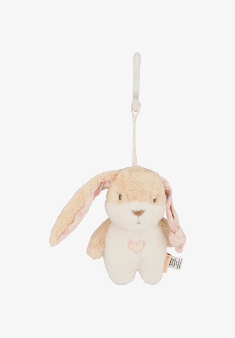 Soft plush bunny toy with beige fur, patterned pink inner ears, and a stitched heart on the chest. Includes a white hanging attachment.