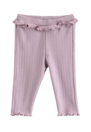 Lilla ribstrikkede babyleggings med bølget flæsekant ved talje og kant, designet til komfort og stil.