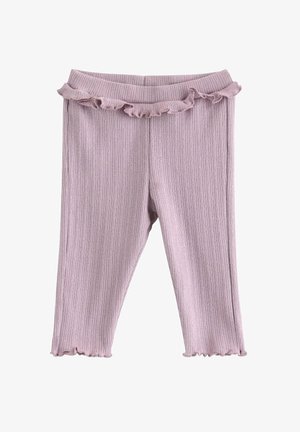Lilla ribstrikkede babyleggings med bølget flæsekant ved talje og kant, designet til komfort og stil.
