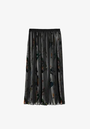 Zwarte geplooide rok gemaakt van lichtgewicht materiaal, met kleurrijke bloemenpatronen en een rekbare tailleband voor comfort.