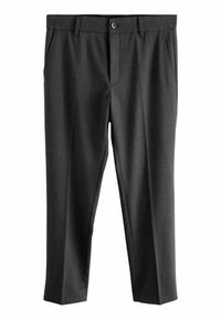 Dark gray trousers made of a textured fabric, featuring a button closure, side pockets, and a straight-leg design with a cropped hem.
