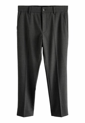 Dark gray trousers made of a textured fabric, featuring a button closure, side pockets, and a straight-leg design with a cropped hem.