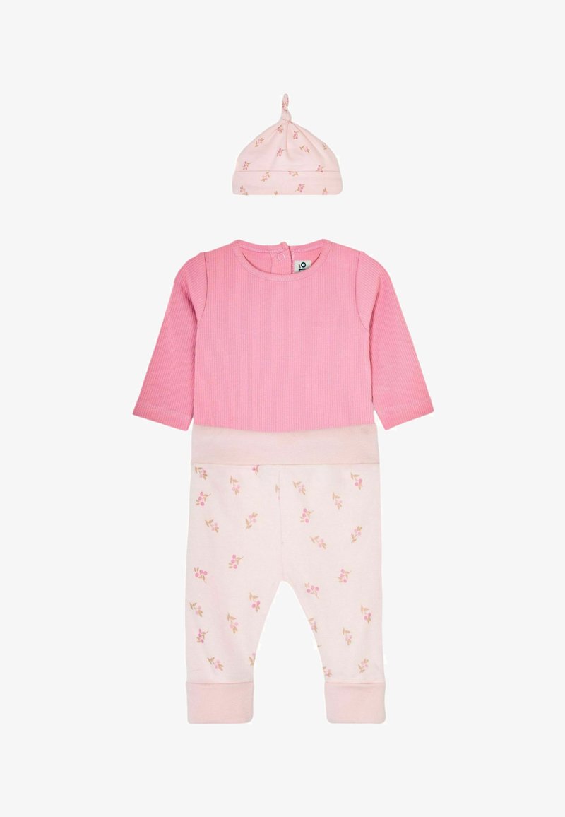 Divdaļīgs bērnu apģērbs, kas sastāv no ribota rozā krekla un rozā biksēm ar ziedu rakstiem, apvienots ar atbilstošu ziedu cepuri. Mīksts audums, ērts piegriezums.