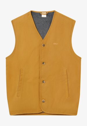 Αμάνικο γιλέκο σε μουσταρδί χρώμα με κουμπιά μπροστά, δύο κάθετες τσέπες και γκρι εσωτερική επένδυση, μέγεθος XL.