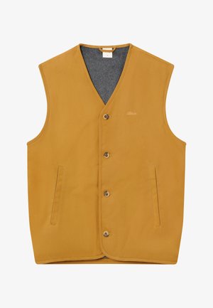 Ærmeløs vest i sennepsgul med frontknapper, to lodrette slidslommer og en grå inderside, størrelse XL.