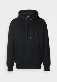 Sweat à capuche noir à enfiler avec poche avant, cordons, poignets et ourlet côtelés, et un logo "B" noir en relief subtil sur la poitrine.