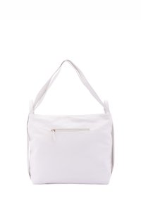 Witte synthetische handtas met een gestructureerd oppervlak, een lange schouderband en een ritsvak aan de voorkant. Kenmerkt zich door een minimalistisch, rechthoekig ontwerp.