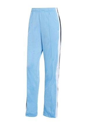 Pantalons de sport bleu clair avec des rayures latérales blanches et noires, ceinture élastique et coupe droite.