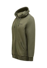 Olivovo zelená mikina na zips vyrobená z mäkkého materiálu, s predným vreckom, nastaviteľnou kapucňou so šnúrkou a jemným logom na hornej ľavej strane.
