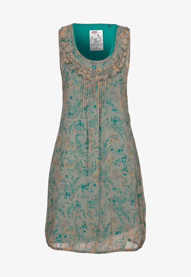 Robe sans manches longueur au genou avec motif floral pastel, devant plissé, encolure boutonnée et détail de col à volants.