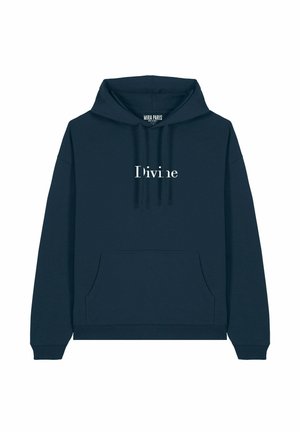 Sweat-shirt bleu marine avec une poche kangourou, présentant le mot "Divin" en lettres blanches. Texture lisse avec une capuche à cordon et des poignets côtelés.