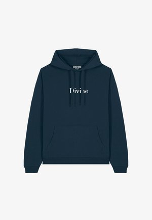 Felpa blu navy con tasca a marsupio, caratterizzata dalla parola "Divino" in bianco. Texture liscia con cappuccio regolabile e polsini a coste.
