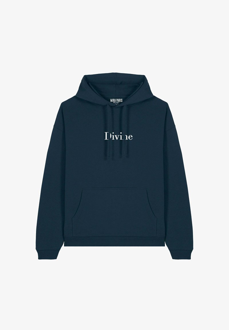 Sweat-shirt bleu marine avec une poche kangourou, présentant le mot "Divin" en lettres blanches. Texture lisse avec une capuche à cordon et des poignets côtelés.
