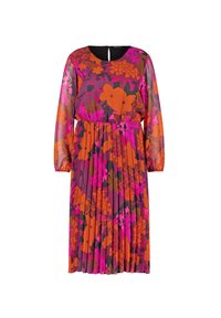 Robe fleurie aux couleurs mêlées de rose, orange et violet. Conçue avec des manches longues, une jupe plissée et un détail dos en forme de goutte.