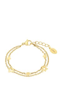 Bracciale dorato a forma di stella con design a doppia catena, anelli testurizzati e diversi charm a forma di stella. Include un moschettone e una catena di estensione regolabile.