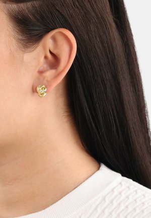 Oreja de mujer con cabello castaño oscuro y lacio, lleva un pequeño aro de oro retorcido con una piedra clara en el centro.