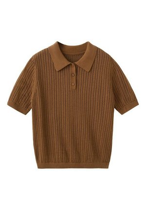 Polo marrón de manga corta tejido con rayas texturizadas verticales y dos botones en la tapeta.