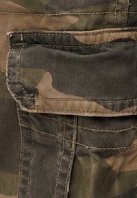 Κοντινή λήψη τσέπης από ύφασμα καμουφλάζ με ορατές ραφές και διπλωμένη πλάγια επικάλυψη, εμφανίζοντας αποχρώσεις πράσινου, καφέ και μπεζ.