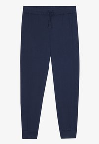 Navy blue joggers with a drawstring waistband, elastic cuffs, and a soft, smooth fabric texture. Simple design without pockets or patterns.