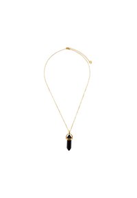 Gouden ketting met een zwarte obelisk hanger met een ronde gouden kap. De ketting heeft een verstelbare lengte functie.