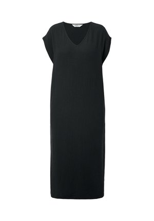 Zwarte jurk met een V-halslijn en kapmouwen, gemaakt van geweven stof, met een losse, rechte pasvorm en een knielange snit.