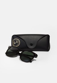 Ochelari de soare Ray-Ban cu ramă din țestoasă, lentile de un verde închis și accente metalice, așezați lângă un toc de piele neagră texturată.