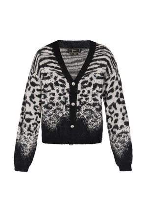 Czarny i biały kardigan w leoparda z dekoltem w serek, długimi rękawami i czarnym zapięciem na guziki. Miękka tekstura z gradientowym wzorem.