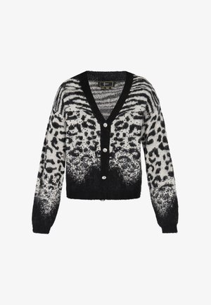 Czarny i biały kardigan w leoparda z dekoltem w serek, długimi rękawami i czarnym zapięciem na guziki. Miękka tekstura z gradientowym wzorem.