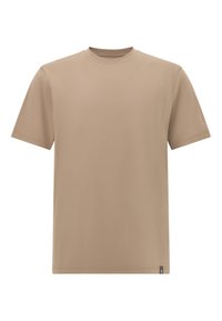 Beige tričko s krátkým rukávem a kulatým výstřihem. Vyrobeno ze jemného bavlněného blendu, s malou logem na spodní levé straně.