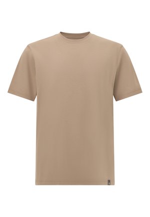 Bežs īsām piedurknēm T-kreklis ar apaļu kakla izgriezumu. Izgatavots no gludas kokvilnas maisījuma, ar mazu logotipa birku kreisajā apakšējā stūrī.