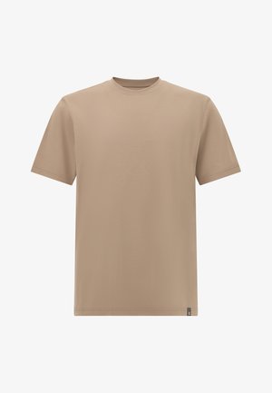 Bežs īsām piedurknēm T-kreklis ar apaļu kakla izgriezumu. Izgatavots no gludas kokvilnas maisījuma, ar mazu logotipa birku kreisajā apakšējā stūrī.