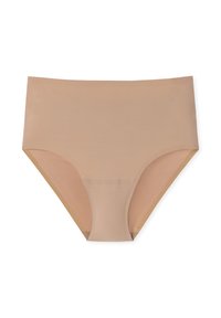 Beige, hochtaillierte Unterwäsche aus glattem, elastischem Stoff mit nahtlosem Design und subtilen Rippendetails entlang der Kanten.