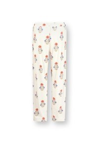 Lightweight, cream-colored trousers with a floral pattern in red and blue, featuring an elastic waistband and straight legs.